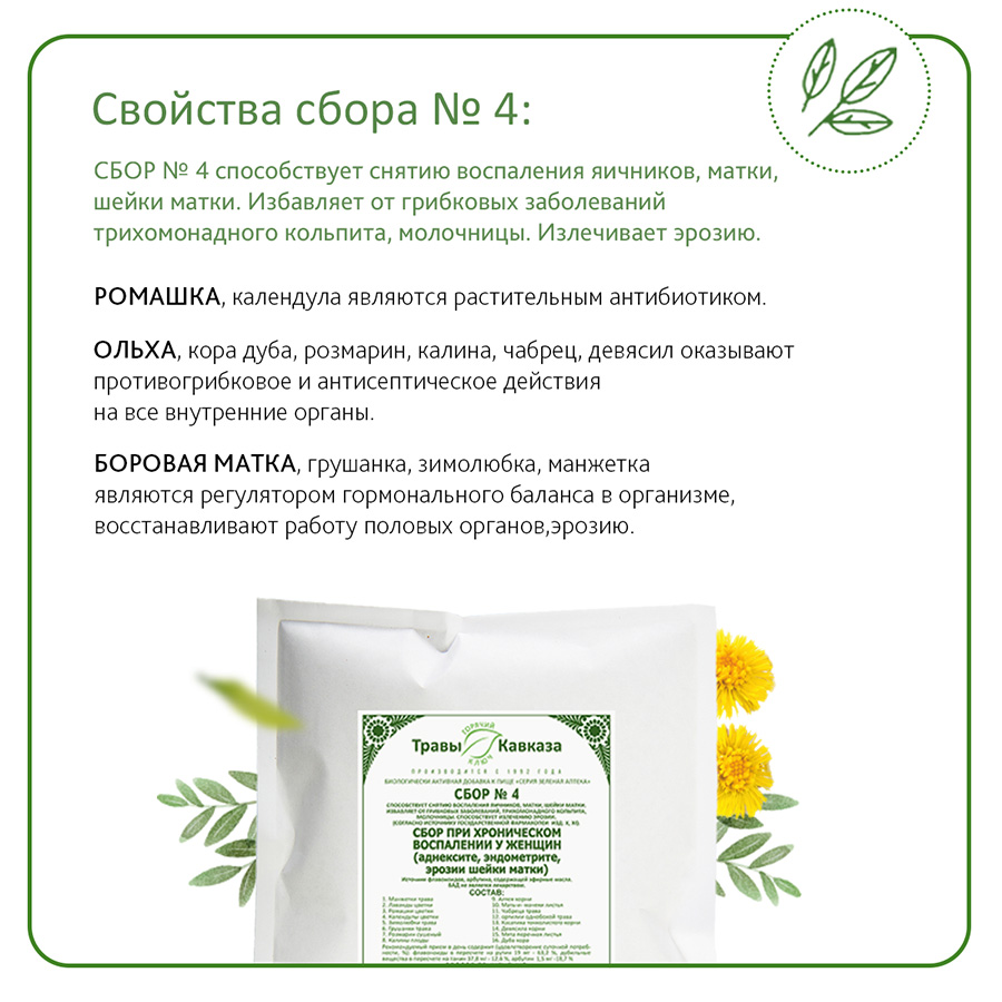 № 4 Сбор при хроническом воспалении у женщин (аднексите, эндометрите, эрозии шейки матки), 200 гр