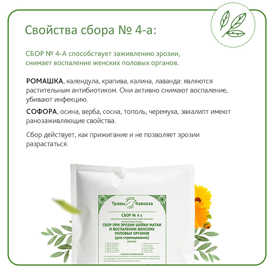№ 4а Сбор при эрозии шейки матки и воспалении женских половых органов (для спринцевания), 200 гр.
