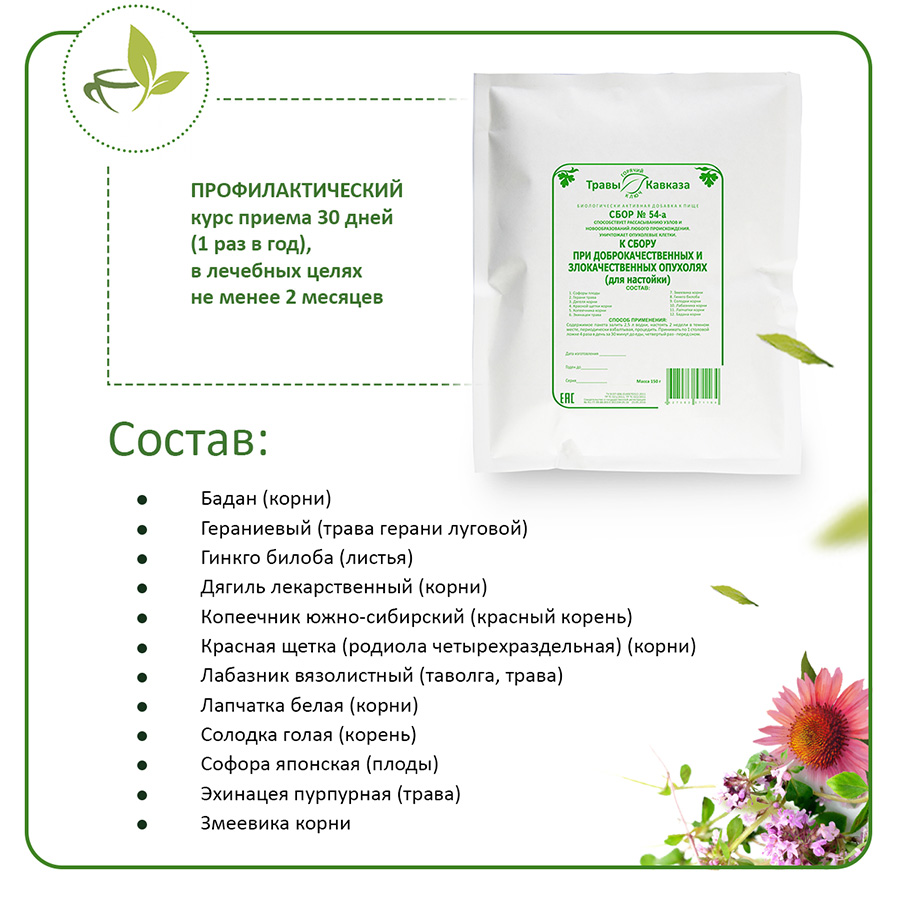 №54а К сбору при доброкачественных и злокачественных опухолях (для настойки), 130 гр.