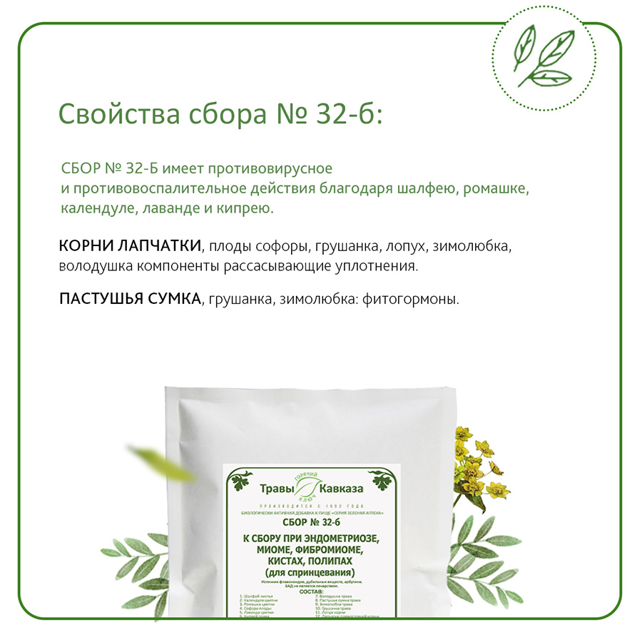 №32б Сбор при эндометриозе, фибромиоме, миоме, кистах, полипах (для спринцевания), 200 гр.