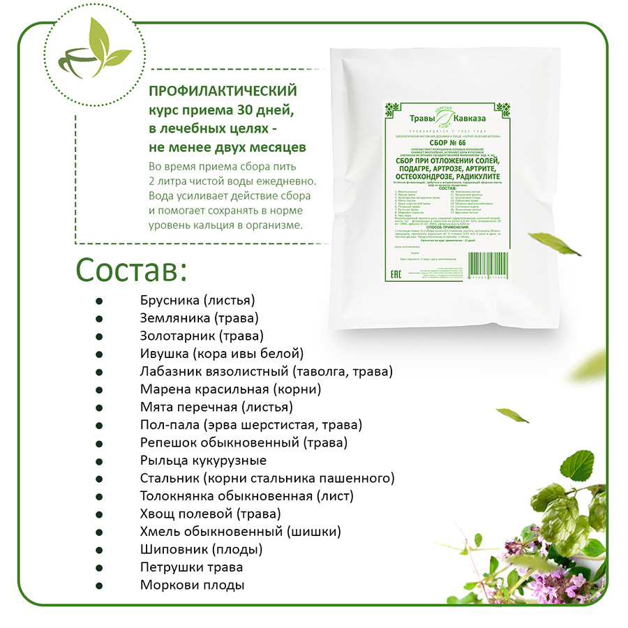 №66 Сбор при отложении солей, подагре, артрозе, остеохондрозе, артрите, радикулите, 200 гр.