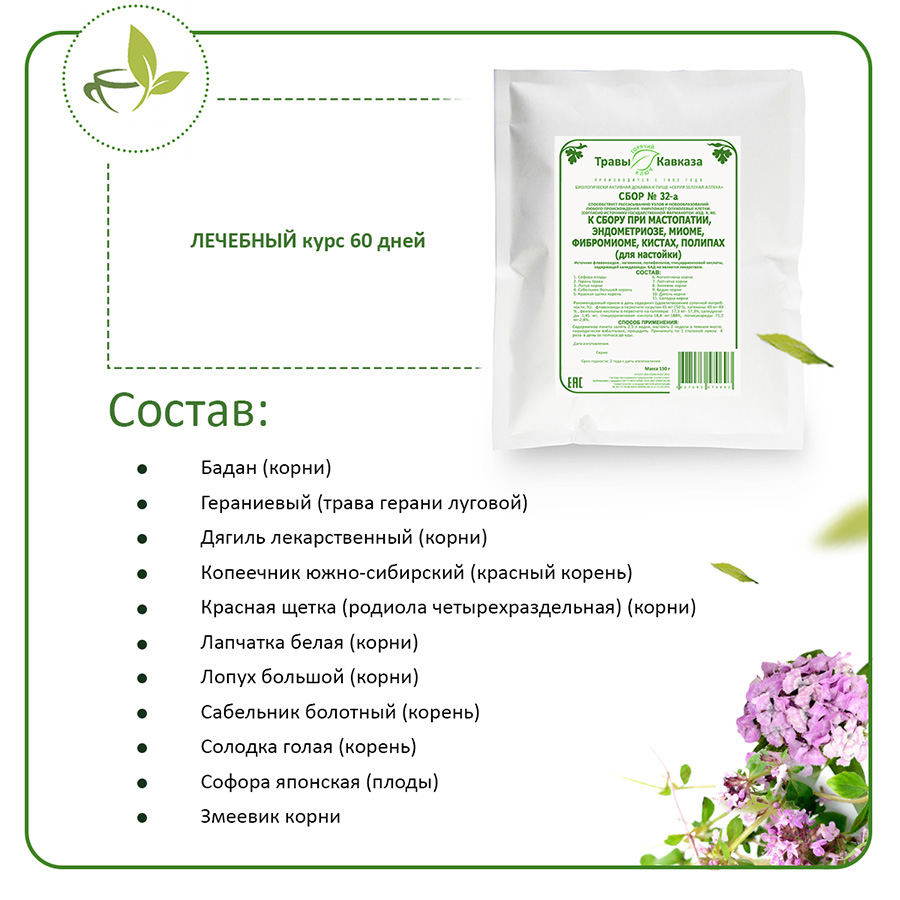 №32а Сбор при мастопатии, эндометриозе, фибромиоме, миоме, кистах, полипах (для настойки), 130 гр.